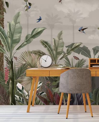 jungle wallpaper mural called A Day in the Jungle at Wallsauce for bedrooms and hallways