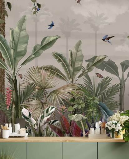 mural de papel de parede da selva chamado A Day in the Jungle at Wallsauce para quartos e corredores