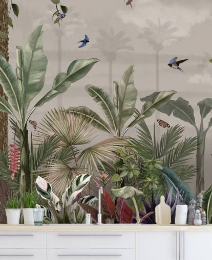 mural de papel pintado de la jungla llamado Un día en la jungla en Wallsauce para dormitorios y pasillos