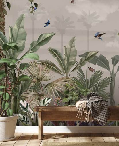 mural de papel de parede da selva chamado A Day in the Jungle at Wallsauce para quartos e corredores