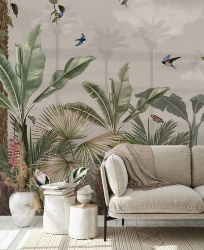 jungle wallpaper mural called A Day in the Jungle at Wallsauce for bedrooms and hallways
