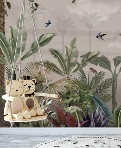 jungle wallpaper mural called A Day in the Jungle at Wallsauce for bedrooms and hallways