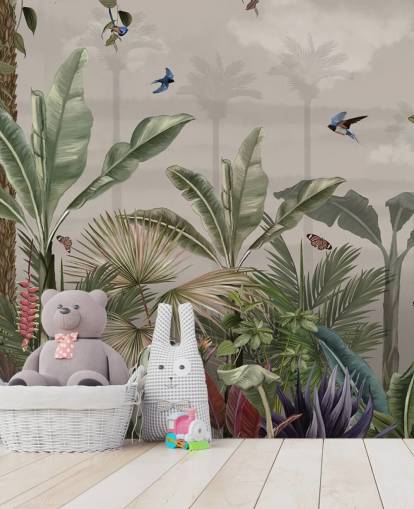 mural de papel de parede da selva chamado A Day in the Jungle at Wallsauce para quartos e corredores