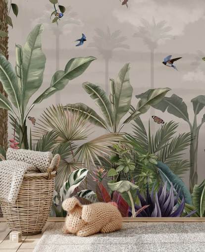 jungle wallpaper mural called A Day in the Jungle at Wallsauce for bedrooms and hallways