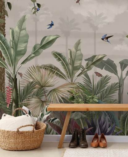 mural de papel pintado de la jungla llamado Un día en la jungla en Wallsauce para dormitorios y pasillos