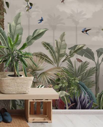 mural de papel de parede da selva chamado A Day in the Jungle at Wallsauce para quartos e corredores