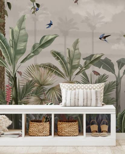 mural de papel pintado de la jungla llamado Un día en la jungla en Wallsauce para dormitorios y pasillos