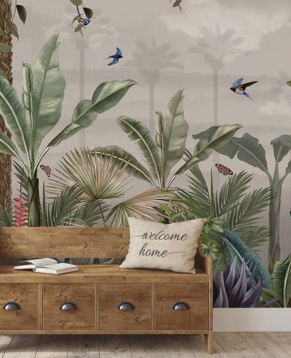 mural de papel de parede da selva chamado A Day in the Jungle at Wallsauce para quartos e corredores