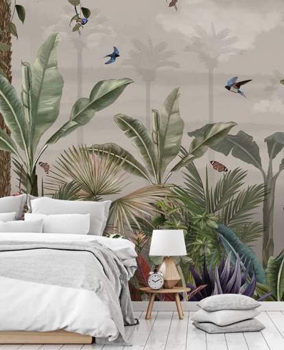 Dschungel-Tapete mit dem Titel Ein Tag im Dschungel in Wallsauce für Schlafzimmer und Flure Dschungel-Tapete mit dem Titel Ein Tag im Dschungel in Wallsauce für Schlafzimmer und Flure