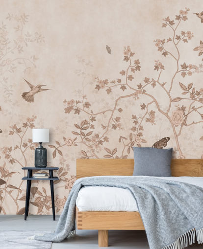 fresque murale beige dans la jungle intitulée Beige Birds and Butterflies at Wallsauce pour les chambres, les salles de bain et les couloirs
