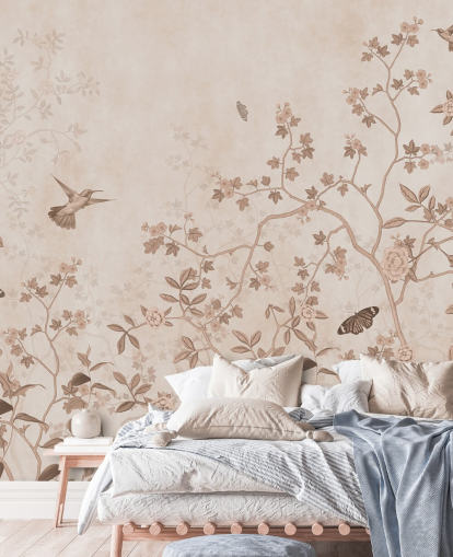 beige viidakon seinämaalaus nimeltä Beige Birds and Butterflies Wallsaucessa makuuhuoneisiin, kylpyhuoneisiin ja käytäviin