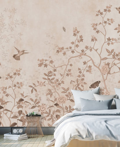 beigefarbenes Dschungel-Wandbild mit dem Titel Beige Birds and Butterflies at Wallsauce für Schlafzimmer, Badezimmer und Flure