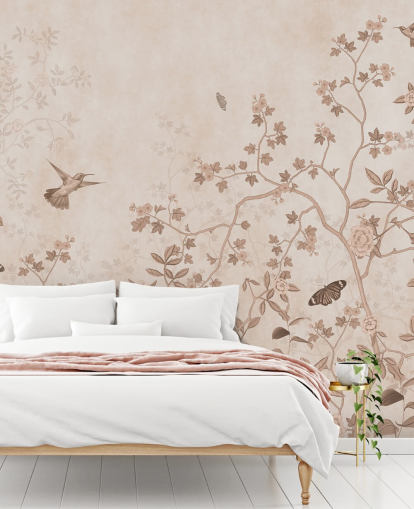 beige jungle wall mural called Beige Birds and Butterflies at Wallsauce for bedrooms, bathrooms and hallways