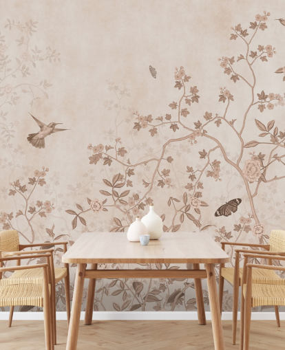 beige viidakon seinämaalaus nimeltä Beige Birds and Butterflies Wallsaucessa makuuhuoneisiin, kylpyhuoneisiin ja käytäviin beige viidakon seinämaalaus nimeltä Beige Birds and Butterflies Wallsaucessa makuuhuoneisiin, kylpyhuoneisiin ja käytäviin