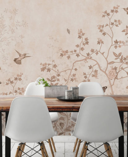 fresque murale beige dans la jungle intitulée Beige Birds and Butterflies at Wallsauce pour les chambres, les salles de bain et les couloirs