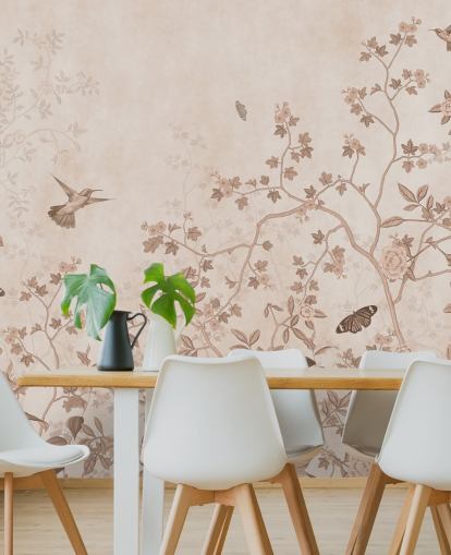 beige jungel veggmaleri kalt Beige Birds and Butterflies på Wallsauce for soverom, bad og ganger