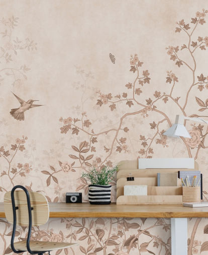 beige jungle wall mural called Beige Birds and Butterflies at Wallsauce for bedrooms, bathrooms and hallways