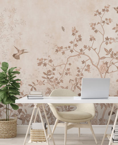 mural de parede de selva bege chamado Beige Birds and Butterflies at Wallsauce para quartos, banheiros e corredores