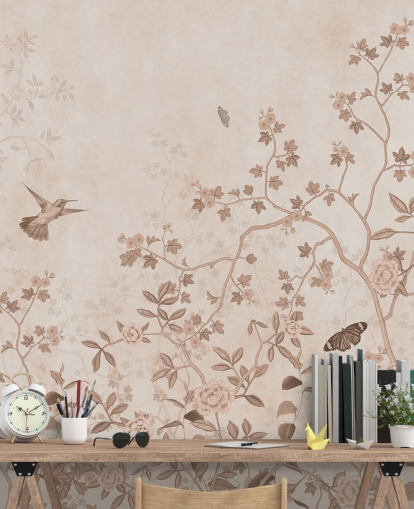 beige jungle muurschildering genaamd Beige Birds and Butterflies at Wallsauce voor slaapkamers, badkamers en gangen beige jungle muurschildering genaamd Beige Birds and Butterflies at Wallsauce voor slaapkamers, badkamers en gangen