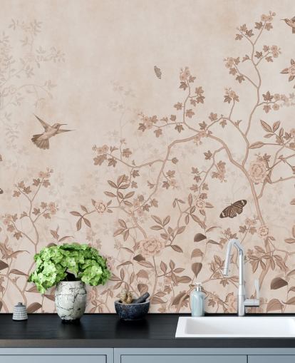 beige jungle wall mural called Beige Birds and Butterflies at Wallsauce for bedrooms, bathrooms and hallways
