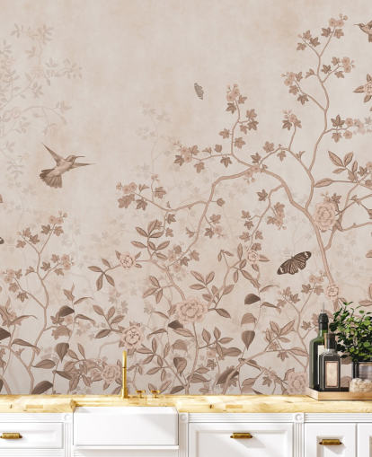 beige viidakon seinämaalaus nimeltä Beige Birds and Butterflies Wallsaucessa makuuhuoneisiin, kylpyhuoneisiin ja käytäviin beige viidakon seinämaalaus nimeltä Beige Birds and Butterflies Wallsaucessa makuuhuoneisiin, kylpyhuoneisiin ja käytäviin