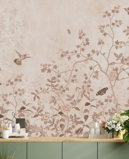 beige jungle wall mural called Beige Birds and Butterflies at Wallsauce for bedrooms, bathrooms and hallways
