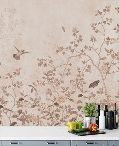 beige jungle vægmaleri kaldet Beige Birds and Butterflies på Wallsauce til soveværelser, badeværelser og gange