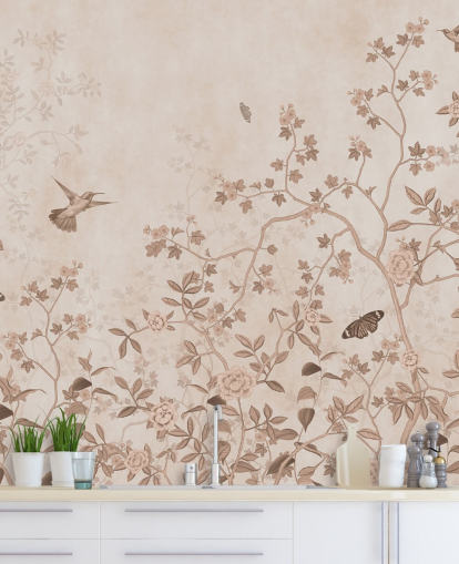 beige djungel väggmålning som heter Beige Birds and Butterflies på Wallsauce för sovrum, badrum och hallar beige djungel väggmålning som heter Beige Birds and Butterflies på Wallsauce för sovrum, badrum och hallar
