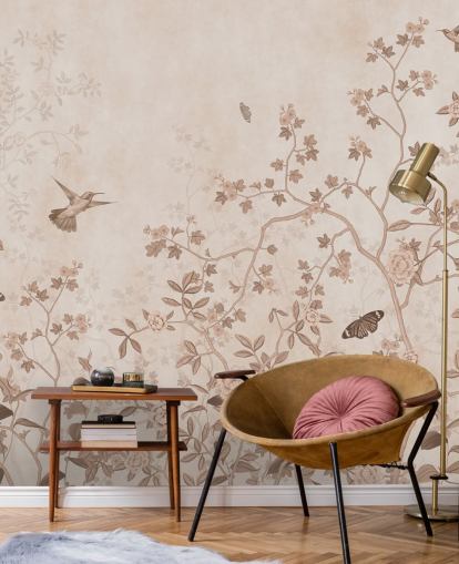beige jungle muurschildering genaamd Beige Birds and Butterflies at Wallsauce voor slaapkamers, badkamers en gangen