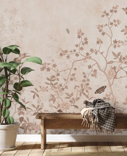 murale beige con giungla chiamato Beige Birds and Butterflies at Wallsauce per camere da letto, bagni e corridoi murale beige con giungla chiamato Beige Birds and Butterflies at Wallsauce per camere da letto, bagni e corridoi