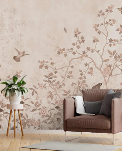 beige jungle wall mural called Beige Birds and Butterflies at Wallsauce for bedrooms, bathrooms and hallways