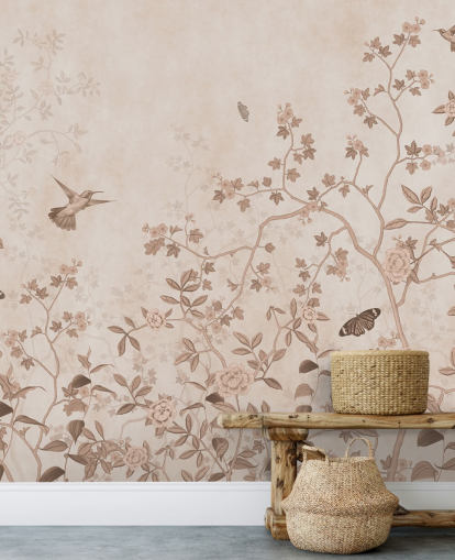 beige jungle wall mural called Beige Birds and Butterflies at Wallsauce for bedrooms, bathrooms and hallways beige jungle wall mural called Beige Birds and Butterflies at Wallsauce for bedrooms, bathrooms and hallways