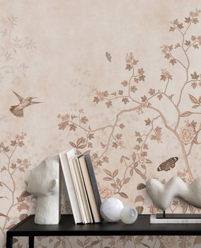 mural de pared beige de la jungla llamado Beige Birds and Butterflies at Wallsauce para dormitorios, baños y pasillos