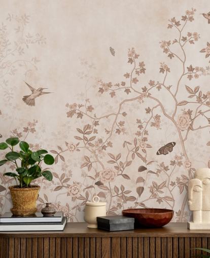 murale beige con giungla chiamato Beige Birds and Butterflies at Wallsauce per camere da letto, bagni e corridoi murale beige con giungla chiamato Beige Birds and Butterflies at Wallsauce per camere da letto, bagni e corridoi