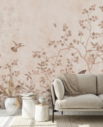 beige jungle wall mural called Beige Birds and Butterflies at Wallsauce for bedrooms, bathrooms and hallways