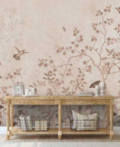 fresque murale beige dans la jungle intitulée Beige Birds and Butterflies at Wallsauce pour les chambres, les salles de bain et les couloirs