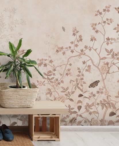 beige jungle wall mural called Beige Birds and Butterflies at Wallsauce for bedrooms, bathrooms and hallways