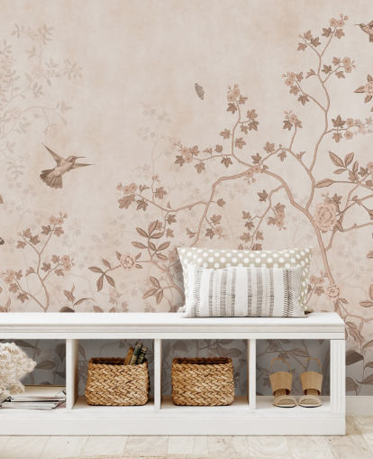 murale beige con giungla chiamato Beige Birds and Butterflies at Wallsauce per camere da letto, bagni e corridoi