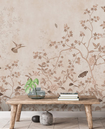 beige jungle wall mural called Beige Birds and Butterflies at Wallsauce for bedrooms, bathrooms and hallways