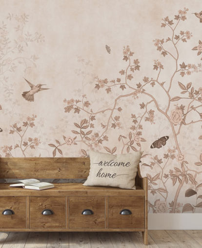 mural de parede de selva bege chamado Beige Birds and Butterflies at Wallsauce para quartos, banheiros e corredores