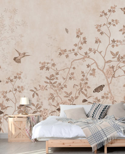 beigefarbenes Dschungel-Wandbild mit dem Titel Beige Birds and Butterflies at Wallsauce für Schlafzimmer, Badezimmer und Flure