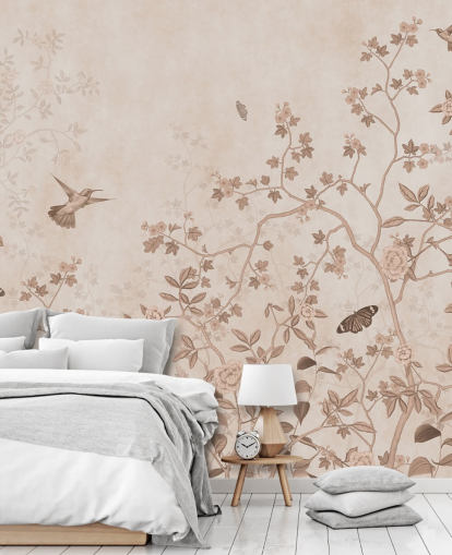 murale beige con giungla chiamato Beige Birds and Butterflies at Wallsauce per camere da letto, bagni e corridoi