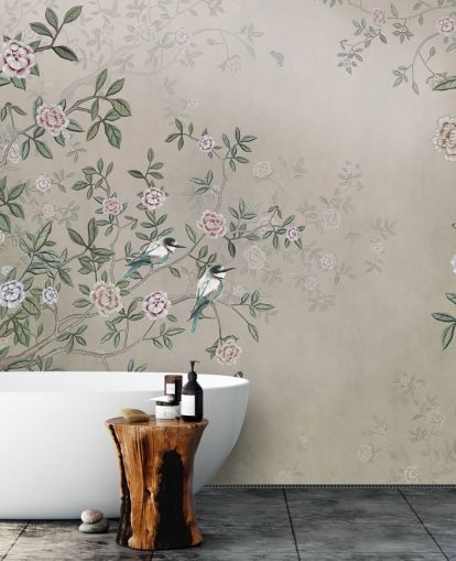 beigefarbenes Naturtapetenbild mit dem Titel Birds Singing in the Rose Garden at Wallsauce für Schlafzimmer, Wohnzimmer und Badezimmer