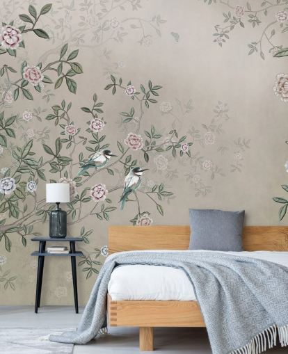 beigefarbenes Naturtapetenbild mit dem Titel Birds Singing in the Rose Garden at Wallsauce für Schlafzimmer, Wohnzimmer und Badezimmer beigefarbenes Naturtapetenbild mit dem Titel Birds Singing in the Rose Garden at Wallsauce für Schlafzimmer, Wohnzimmer und Badezimmer