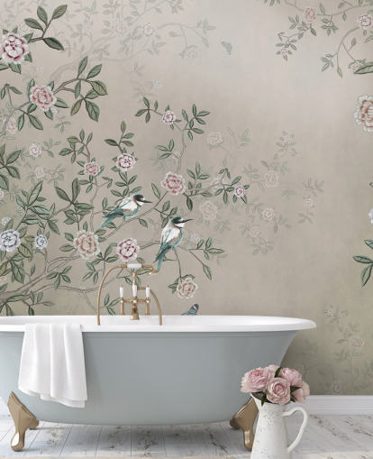 beige naturtapet veggmaleri kalt Birds Singing in the Rose Garden at Wallsauce for soverom, stuer og bad