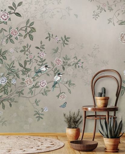 mural de papel de parede natural bege chamado Birds Singing in the Rose Garden em Wallsauce para quartos, salas de estar e banheiros