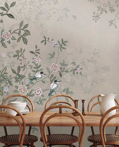 beige naturtapet veggmaleri kalt Birds Singing in the Rose Garden at Wallsauce for soverom, stuer og bad