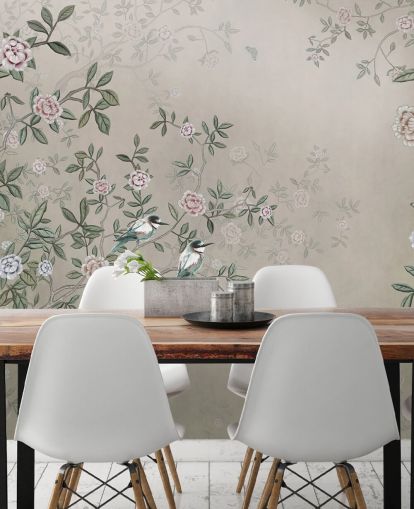 beige nature wallpaper mural called Birds Singing in the Rose Garden at Wallsauce for bedrooms, living rooms and bathrooms