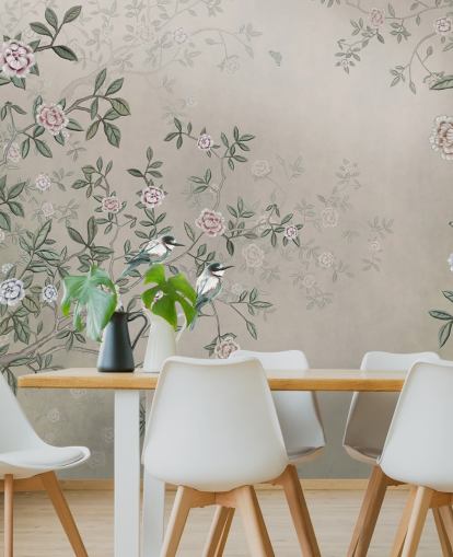 beige nature wallpaper mural called Birds Singing in the Rose Garden at Wallsauce for bedrooms, living rooms and bathrooms