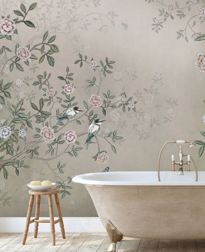 beige nature wallpaper mural called Birds Singing in the Rose Garden at Wallsauce for bedrooms, living rooms and bathrooms